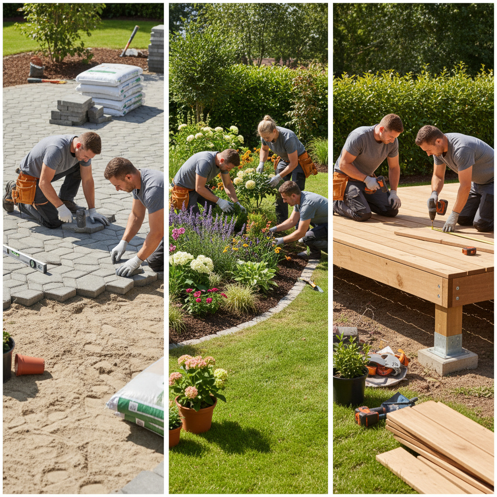 Collage: Pflasterarbeiten, Pflanzungen und Holzdeck-Installation